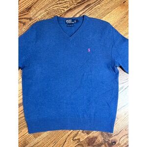 Polo Ralph Lauren Mens Blue 100% Lambswool V-Neck Sweater Pink Pony Size L